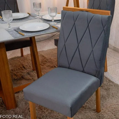 Mesa de Jantar Pedro 160×80 Vidro Off/Base Madeira + 6 Cad. Lisboa Veludo Cinza 507 Madeira Art Assento – Entregue Montada
